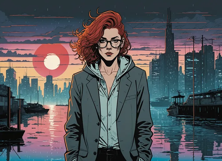 (CORDIA), nighttime, cyberpunk city, dark, raining, neon lights ((,Wearing a blazer over a hoodie)), blazer, hoodie, (<lora:PostApocalypticXL_v1:0.5> SZ_4poXL enviroment), cyberpunk, synthwave, 1980s, futurism, brutalism, neuromancer, cinematic photo in north pole, Radial balance, Sunrise, Water, Ellipse, ultra detailed, intricate,,art by Adrian Tomine,detailed hair, messy hair, red hair