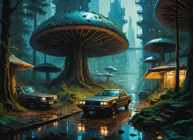 (ESTER), nighttime, cyberpunk city, dark, raining, neon lights , (<lora:PostApocalypticXL_v1:0.5> SZ_4poXL enviroment), cyberpunk, synthwave, 1980s, futurism, brutalism, neuromancer, cinematic photo in a recording studio, art by Jakub Rozalski, 1920+ Poland,in a fantasy mushroom forest, sparkling forest magic,art by Antoine Le Nain, art by Antoine Verney-Carron