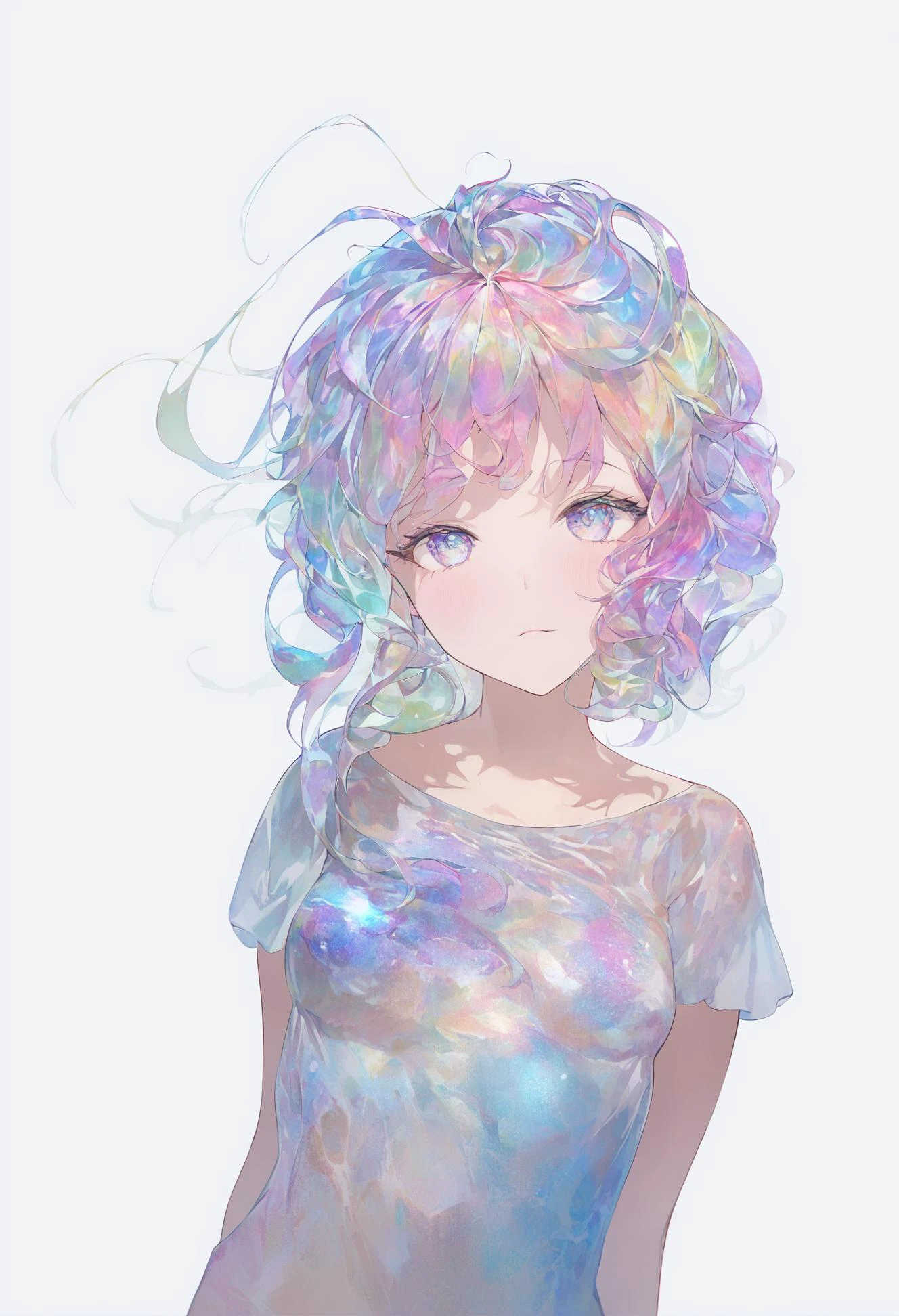 masterpiece, hyper detailed, best quality, extreme detailed, illustration, Delicate Composition,
fussion of abstract and fluid art, (dynamic view:1.1), 1 girl, (head tilt:0.8),solo, iridescent hair, small breasts, (blouse:0.8), (double exposure:1.0), fluid hair, fussion of fluid and hair,
simple background, light background,