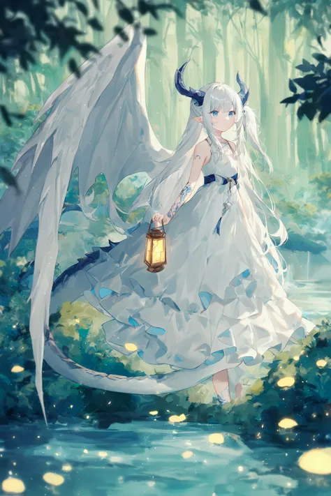 1girl,
ask \(askzy\), torino aqua, migolu, (jiu ye sang:1.1), (rumoon:0.9), (mizumi zumi:1.1),
1o1i, solo, dragon girl, dragon tail, dragon wings, dragon horns, white dress, long hair, side up, river, tree, forest, pointy ears, (close-up:0.8), outdoors, white wings, tattoo, water, sidelocks, dress, full body, scenery, tail, horns, light particles, lantern, arm tattoo, fireflies, wings, blue eyes, standing, white hair, nature,
masterpiece, newest, absurdres, safe