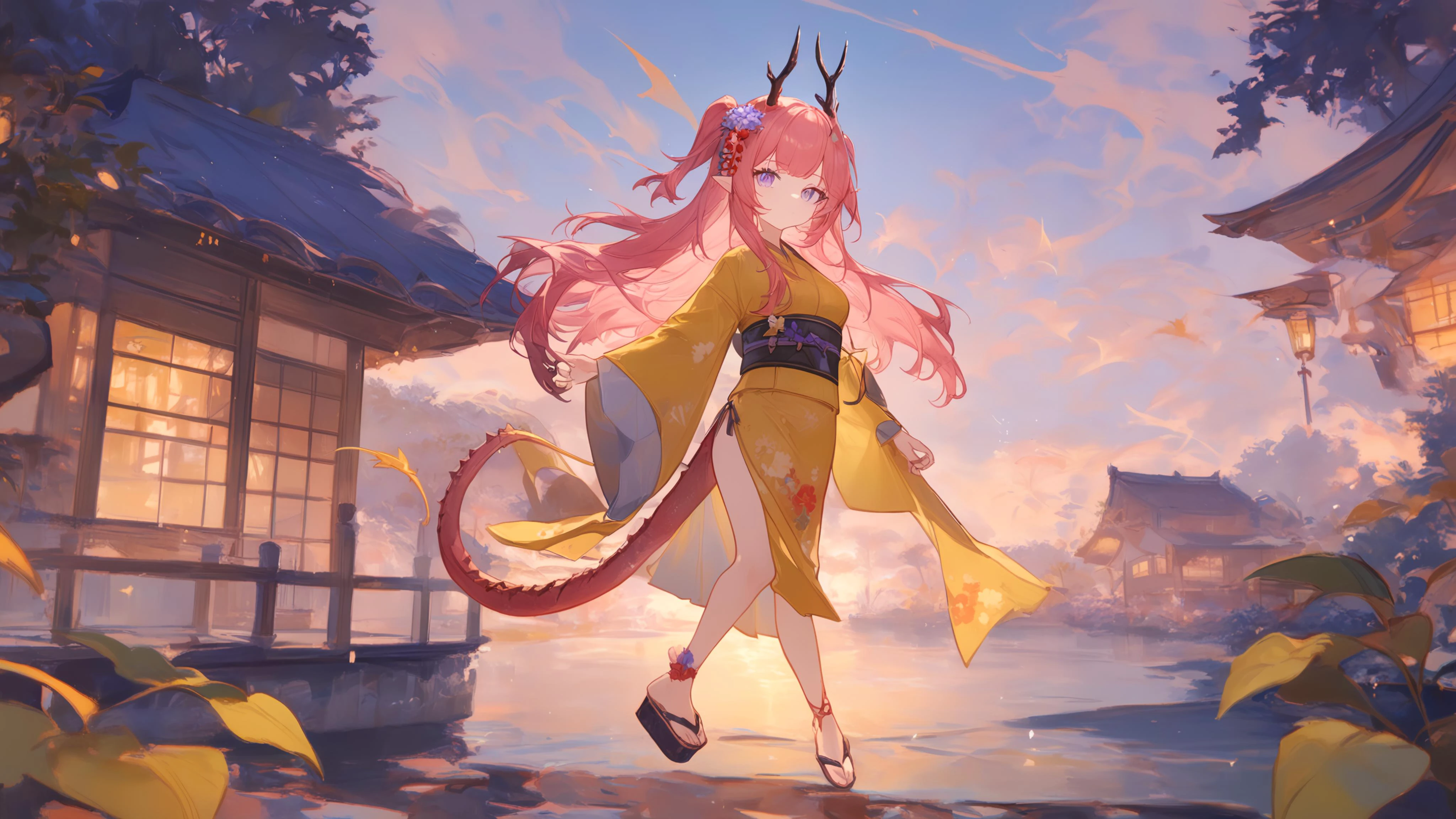 1girl,
umamusume, arknights,
ciloranko, maccha \(mochancc\), lobelia \(saclia\), migolu, ask \(askzy\), wanke, (jiu ye sang:1.1), (rumoon:0.9), (mizumi zumi:1.1),
solo, 1o1i, dragon wings, tail, horns, solo, antlers, pointy ears, kimono, side slit, long hair, two side up, bangs, sky, house, purple eyes, closed mouth, medium breasts, pink hair, plant, slit pupils, standing, 1o1i, sunset, river, hair ornaments, walking on the street, dragon tail, tail, wings, dragon horns, kanzashi, yukata, yellow kimono, full body, breasts, floral print, japanese clothes, zouri, outdoors, flying, sandals, dragon girl, tree, wide sleeves, print kimono, looking at viewer, standing on one leg,
masterpiece, newest, absurdres, safe
