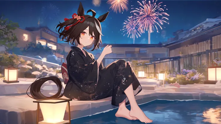 1girl, 
kitasan black \(umamusume\), umamusume, 
ask \(askzy\), torino aqua, migolu, 
solo, long hair, horse tail, expressionless, kimono, starry sky, night, onsen, horse ears, sky, ribbon, barefoot, red ribbon, orange eyes, railing, tail, long sleeves, yukata, star \(sky\), looking at viewer, red eyes, black kimono, animal ears, hair ornament, lantern, brown hair, hair ribbon, lamppost, ahoge, fireworks, water, full body, sitting, closed mouth, night sky, outdoors, japanese clothes, horse girl, bath yukata, 
masterpiece, newest, absurdres, sensitive