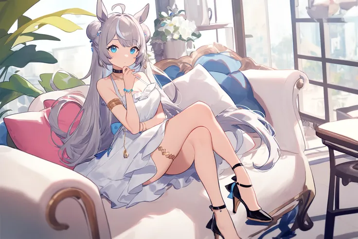 1girl,
umamusume,
ask \(askzy\), torino aqua, migolu,
solo, (1o1i:1.1), medium breasts, silver hair, (light purple hair:0.6), very long hair, hair between eyes, looking at viewer, tareme, horse girl, blue eyes, horse tail, sidelocks, hair bun, jewelry, necklace, ahoge, cleavage, full body, hand to own mouth, choker, sitting, thighlet, animal ears, long hair, bracelet, horse ears, double bun, earrings, breasts, armlet, hair ornament, tail, cafe, fashion, casual, blurry, cushion, streaked hair, high heels, bare shoulders, frills, black footwear, strappy heels, official alternate costume, couch, white skirt, blurry background, crossed legs, closed mouth, skirt,
masterpiece, newest, absurdres, safe