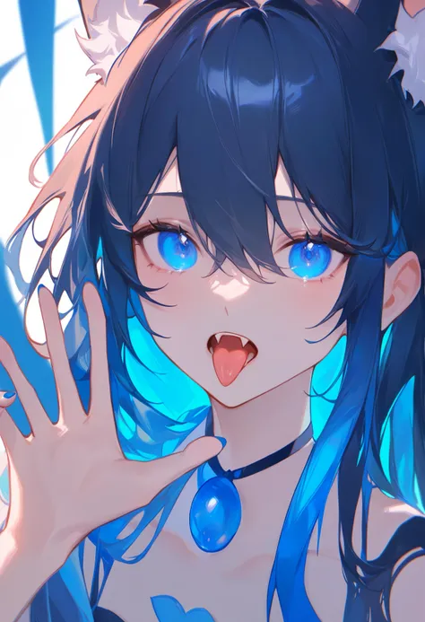 1girl,
ciloranko, maccha \(mochancc\), lobelia \(saclia\), migolu, ask \(askzy\), wanke, (jiu ye sang:1.1), (rumoon:0.9), (mizumi zumi:1.1),
close-up, fox girl, hair between eyes, blue nails, animal ears, fang, long hair, open mouth, blue hair, portrait, blue eyes, blue theme, looking at viewer, tongue out, collarbone, fox ears, tongue, open hand, hair behind ear, brown hair, blunt bangs, nail polish, solo,
masterpiece, newest, absurdres, sensitive