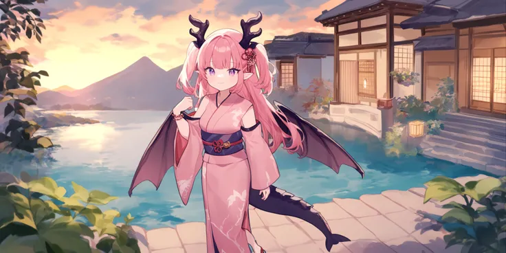 1girl,
ask \(askzy\), torino aqua, migolu, (jiu ye sang:1.1), (rumoon:0.9), (mizumi zumi:1.1),
solo, 1o1i, dragon wings, tail, horns, solo, antlers, pointy ears, kimono, side slit, long hair, two side up, bangs, sky, house, purple eyes, closed mouth, medium breasts, pink hair, plant, slit pupils, standing, 1o1i, sunset, river, hair ornaments, walking on the street, dragon tail, tail, wings, dragon horns, lantern, cloudy sky, yukata, building, breasts, mountain, jewelry, obi, japanese clothes, outdoors, detached sleeves, cloud, sandals, red footwear, bracelet, sash, wide sleeves, pink kimono, scenery, walking, water, looking at viewer,
masterpiece, newest, absurdres, safe