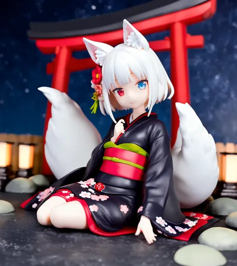 1girl,
pvc figure,
(1o1i:1.2), solo, white hair, kimono, short hair, red eyes, hair ornament, shrine, torii, fox girl, fox ears, fox tail, tail, multiple tails, expressionless, smile, wide shot, black kimono, long sleeves, looking at viewer, closed mouth, japanese clothes, animal ears, flower, hair flower, black sleeves, wide sleeves, furisode, sidelocks, sitting, obi, sash, blue eyes, animal ear fluff, night, starry sky, onsen,
masterpiece, newest, absurdres, sensitive