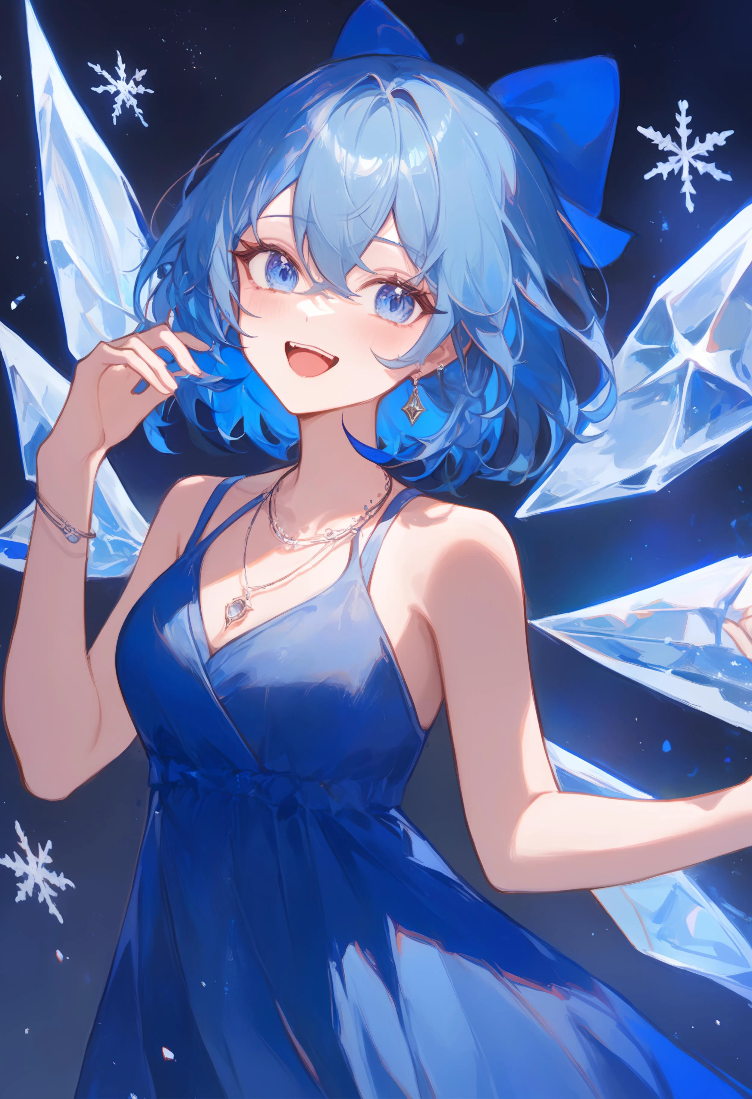 1girl,
cirno, touhou,
ciloranko, maccha \(mochancc\), lobelia \(saclia\), migolu, ask \(askzy\), wanke, (jiu ye sang:1.1), (rumoon:0.9), (mizumi zumi:1.1),
upper body, jewelry, fairy wings, tongue, sleeveless, ice wings, solo, hand up, sleeveless dress, short hair, red bow, blue dress, dress, wings, teeth, blue hair, bare shoulders, bow, open mouth, fairy, necklace, blue eyes, snowflakes, hair bow, blue bow, hair between eyes, looking at viewer, ice, smile, :d,
masterpiece, newest, absurdres, sensitive