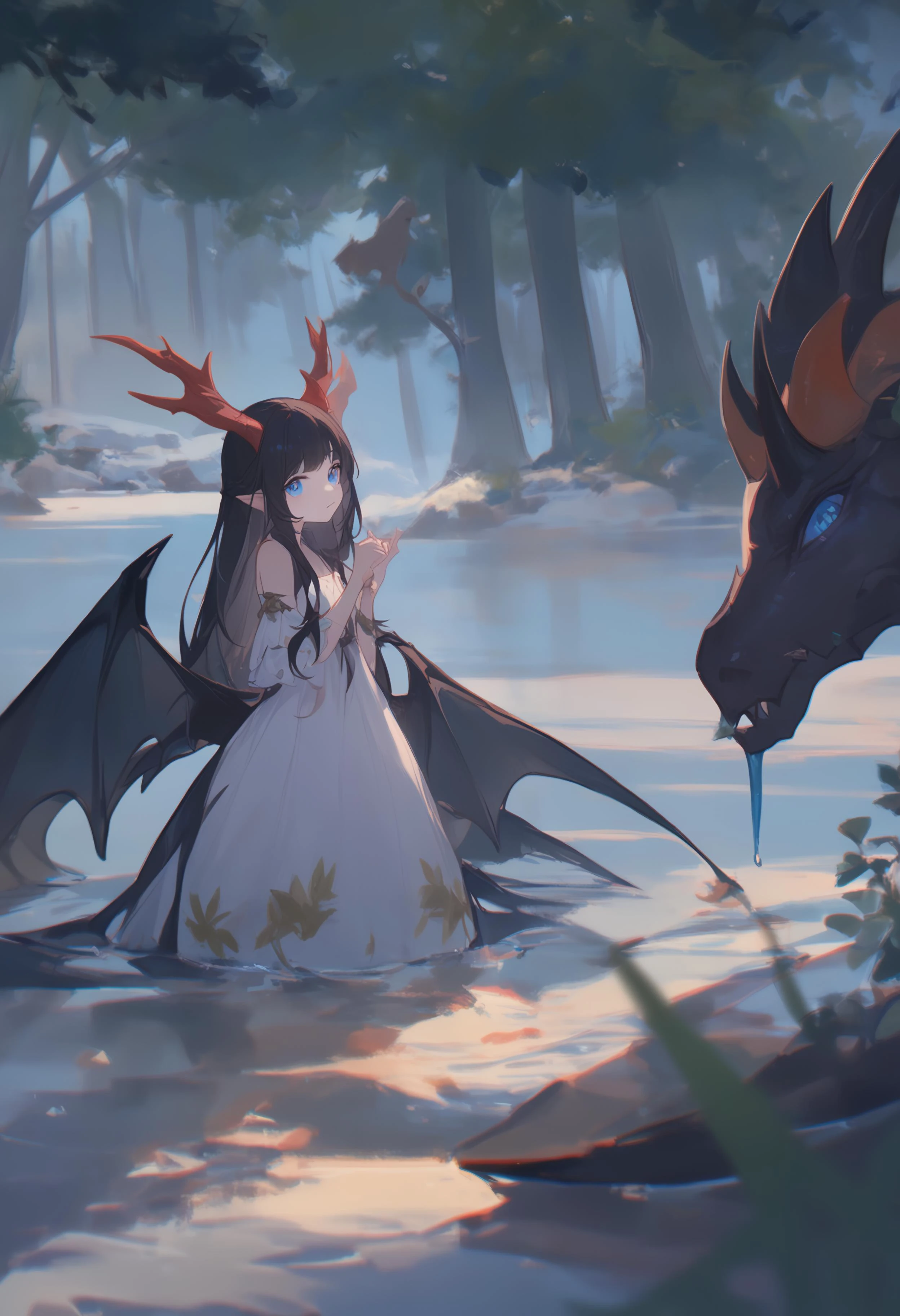 1girl,
ciloranko, maccha \(mochancc\), lobelia \(saclia\), migolu, ask \(askzy\), wanke, (jiu ye sang:1.1), (rumoon:0.9), (mizumi zumi:1.1),
1o1i, solo, dragon girl, dragon tail, dragon wings, dragon horns, white dress, long hair, side up, river, tree, forest, pointy ears, (close-up:0.8), tail, black hair, outdoors, blue eyes, horns, monster, nature, water, pond, wings, looking at viewer, bare shoulders, dress,
masterpiece, newest, absurdres, safe
