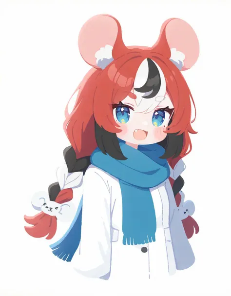 <lora:Vivid:1>,1girl, animal ears, braid, blue eyes, hakos baelz,mouse ears, multicolored hair, solo, scarf, red hair, white hair, twin braids, virtual youtuber, simple background, blush stickers, white background, blue scarf, fang, black hair,, masterpiece,newest,absurdres,safe,