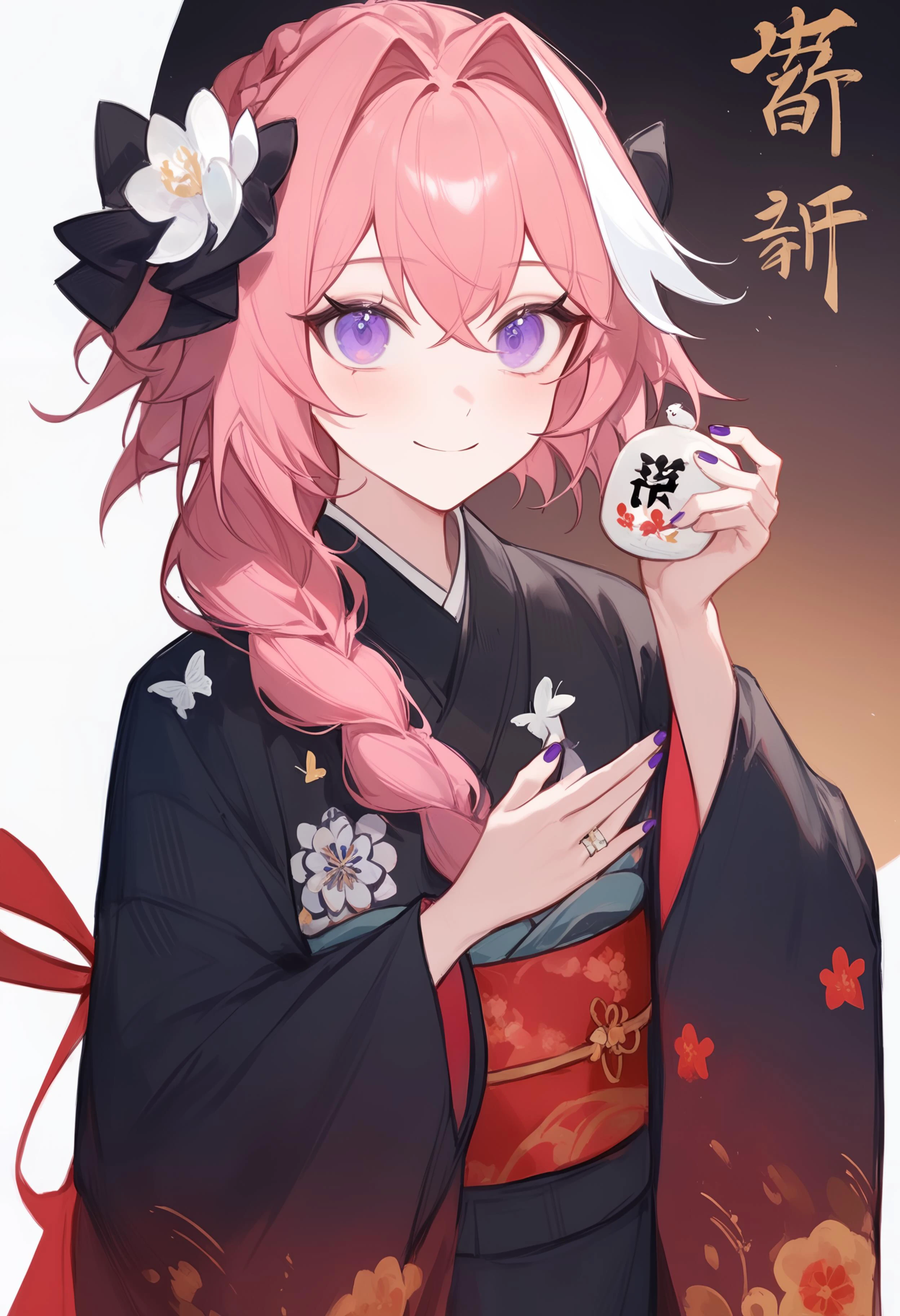 1boy,
astolfo \(fate\), fate \(series\),
ciloranko, maccha \(mochancc\), lobelia \(saclia\), migolu, ask \(askzy\), wanke, (jiu ye sang:1.1), (rumoon:0.9), (mizumi zumi:1.1),
upper body, braid, braided ponytail, sash, white hair, wide sleeves, solo, pink hair, bow, hair ornament, black kimono, floral print, blue eyes, long hair, multicolored hair, japanese clothes, sidelocks, hair intakes, butterfly print, otoko no ko, holding, streaked hair, ribbon, hair bow, long sleeves, bird, looking at viewer, purple eyes, purple nails, obi, chinese new year, animal print, chinese text, flower, hair ribbon, smile, black hair, kimono, hair flower,
masterpiece, newest, absurdres, sensitive