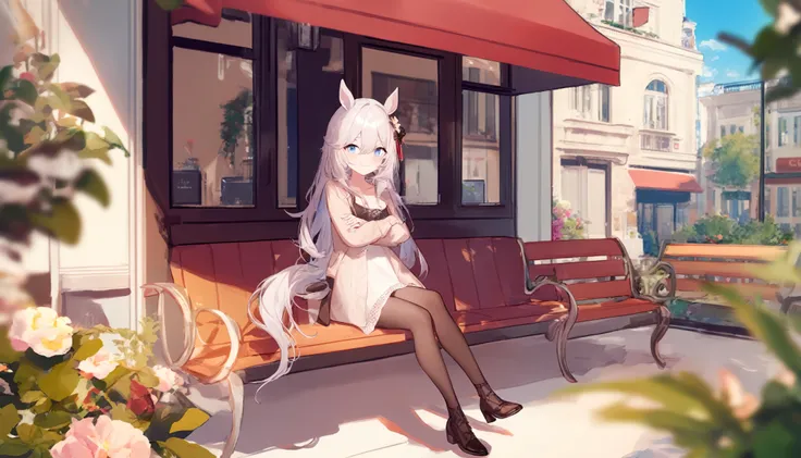 1girl,
umamusume,
ask \(askzy\), torino aqua, migolu,
solo, 1o1i, medium breasts, silver hair, (light purple hair:0.6), very long hair, cafe, fashion, casual, window, sunlight, sky, blurry background, flower, long hair, small breasts, closed mouth, crossed arms, alternate hairstyle, horse girl, breasts, pantyhose, horse tail, collarbone, blurry, hair between eyes, smile, horse ears, sitting, tea, alternate costume, bench, animal ears, jacket, official alternate costume, tail, blue eyes, looking at viewer, hair ornament,
masterpiece, newest, absurdres, safe
