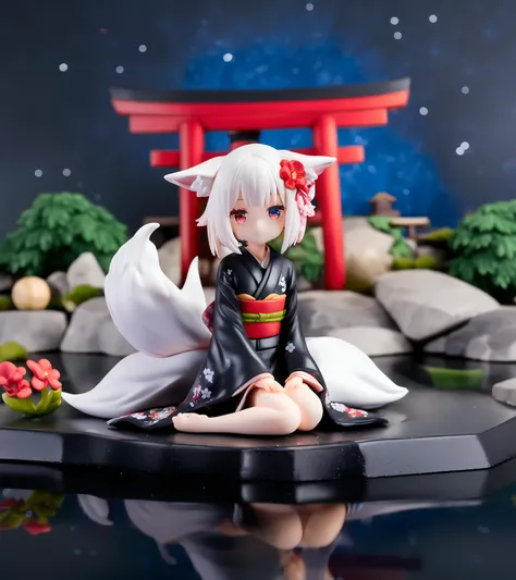 1girl,
pvc figure,
(1o1i:1.2), solo, white hair, kimono, short hair, red eyes, hair ornament, shrine, torii, fox girl, fox ears, fox tail, tail, multiple tails, expressionless, smile, wide shot, black kimono, long sleeves, looking at viewer, closed mouth, japanese clothes, animal ears, flower, hair flower, black sleeves, wide sleeves, furisode, sidelocks, sitting, obi, sash, blue eyes, animal ear fluff, night, starry sky, onsen,
masterpiece, newest, absurdres, sensitive
