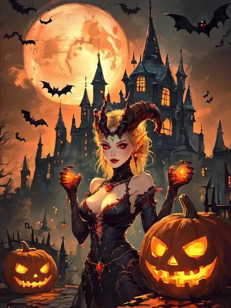 ,shengdanjie,1girl,breasts,solo,horns,blonde hair,jewelry,red eyes,earrings,jack-o'-lantern,halloween,full moon,night,castle,scenery,tower,outdoors,sky,building,glowing,<lora:Halloween-wwm:0.8>