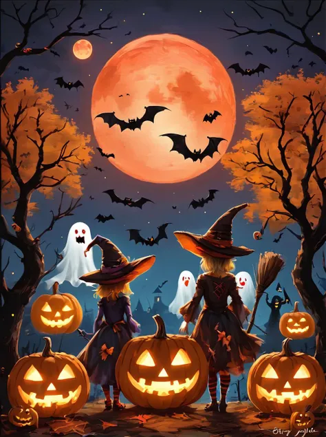 ,shengdanjie,multiple girls,jack-o'-lantern,witch hat,hat,halloween,broom,moon,red moon,tree,blonde hair,pumpkin,bat \(animal\),back view,ghost,<lora:Halloween-wwm:0.7>