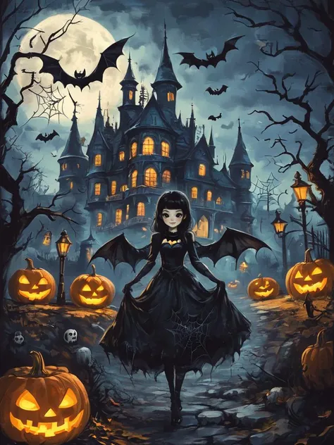 ,shengdanjie,1girl,solo,black hair,dress,wings,white background,smile,looking at viewer,black eyes,black dress,bangs,jack-o'-lantern,blush,long sleeves,black gloves,bat wings,gloves,halloween,pumpkin,bare tree,tree,night,castle,full moon,scenery,spider web,silk,tombstone,lamppost,building,glowing,outdoors,sky,<lora:Halloween-wwm:0.8>