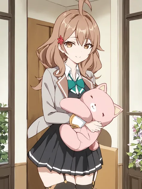 masha_ane, brown eyes, brown hair, hair flower, long hair, ahoge,
cowboy shot, standing, 
school uniform, grey jacket, open jacket, long sleeves,
green bow, white shirt, collared shirt, black vest, button, black dress, black thighhighs,
hugging object, holding stuffed toy, jingle bell, stuffed cat toy,
looking at viewer, indoors, smile face,
best quality, masterpiece,
<lora:hinaAlyaMashaYuki_sdxl_wifu_v1:0.8>