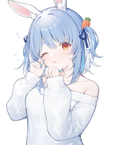 <lora:viola:1>,1girl, virtual youtuber, usada pekora, solo, animal ears, blue hair, one eye closed, rabbit ears, sweater, food-themed hair ornament, carrot hair ornament, open mouth, hair ornament, sleepy, white background, white sweater, simple background, hair ribbon, ribbon, upper body, long sleeves, short hair, rubbing eyes, blue ribbon, multicolored hair, thick eyebrows, two side up, animal ear fluff, rabbit girl, blush, looking at viewer, twintails, alternate costume, orange eyes, white hair, two-tone hair, off-shoulder sweater, sleep bubble, collarbone,, masterpiece,newest,absurdres,safe,