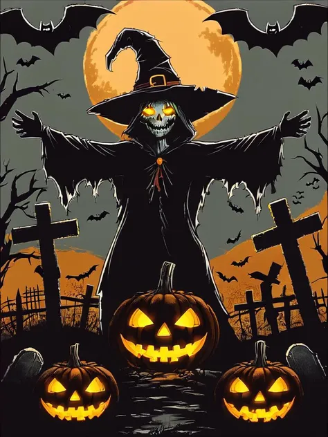 ,shengdanjie,jack-o'-lantern,moon,halloween,hat,witch hat,full moon,graveyard,bat \(animal\),pumpkin,solo,tombstone,cross,outstretched arms,night,no humans,glowing,glowing eyes,1girl,cloak,<lora:Halloween-wwm:0.8>