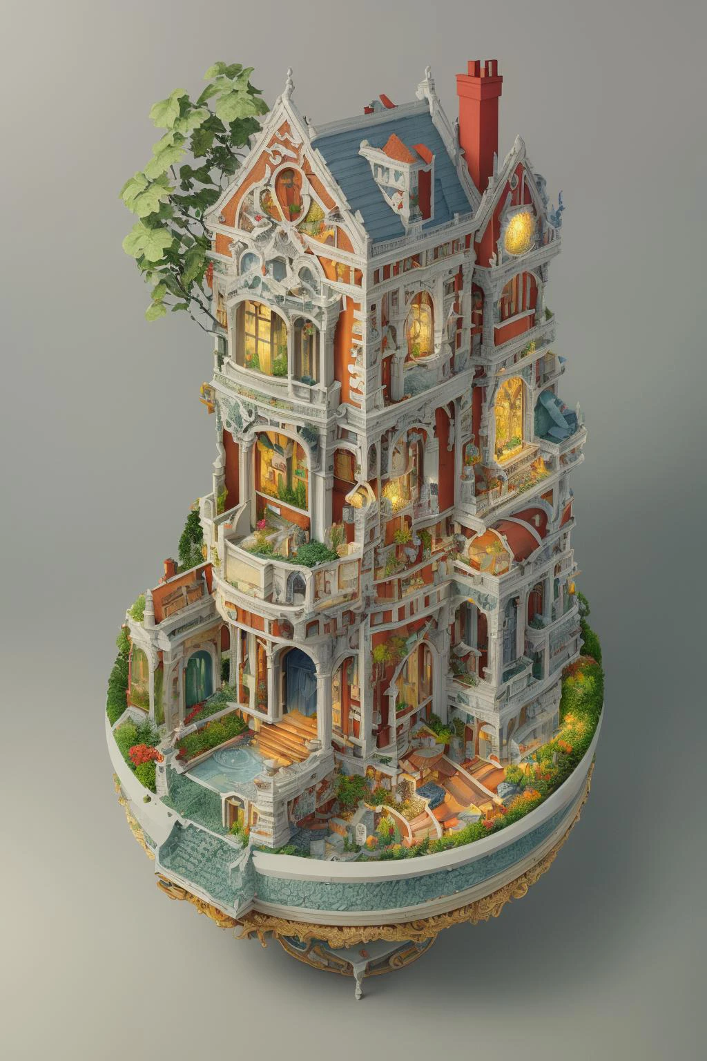DUSKAMETRIC15, microworld isometric view vibrant colored Victorian mansion, surreal, artstation, 8k, octane render, vibrant colors, trending on deviantart, realistic