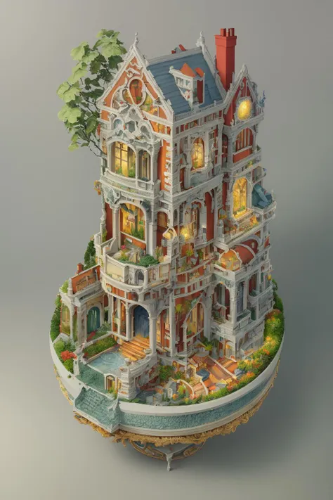 DUSKAMETRIC15, microworld isometric view vibrant colored Victorian mansion, surreal, artstation, 8k, octane render, vibrant colors, trending on deviantart, realistic