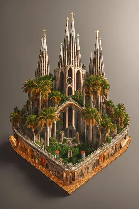 DUSKAMETRIC15, microworld isometric view sagrada familia, blad runner, artstation, 8k, octane render, vibrant colors, trending on deviantart, realistic