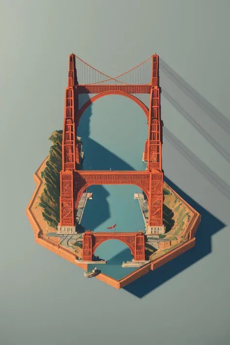 DUSKAMETRIC15, microworld isometric view golden gate bridge, artstation, 8k, octane render, vibrant colors, trending on deviantart, realistic