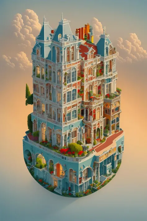 DUSKAMETRIC15, microworld isometric view vibrant colored Victorian mansion, (rain), clouds, artstation, 8k, octane render, vibrant colors, trending on deviantart, realistic