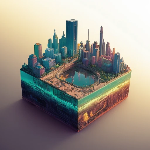 duskametric15 microworlds post apocalyptic isometric cutaway scenery landscape of a city on a venus, vaporwave elements, postmodern concept art, artstation, 8k, octane render, vibrant colors, trending on deviantart duskametric15 microworlds