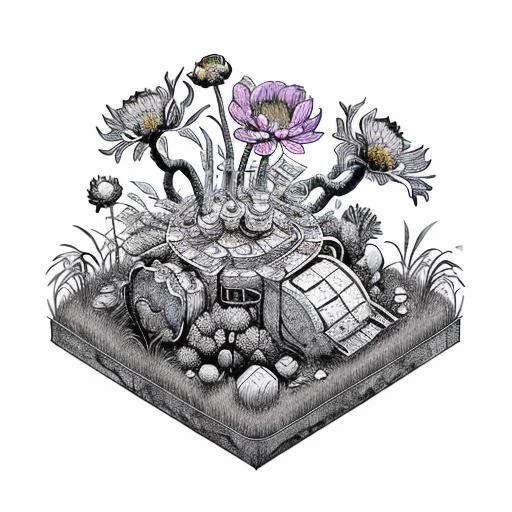 isometric, RAW photo, cutaway block, small organic machine on a table in a warm room, (grass, wires, gears, leaves, glass, flowers), black and white, 4K UHD, 8K, highly detail, centred subject, tilt shift, <lora:Lineart-v2.0:1.2>