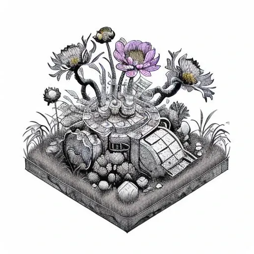 isometric, RAW photo, cutaway block, small organic machine on a table in a warm room, (grass, wires, gears, leaves, glass, flowers), black and white, 4K UHD, 8K, highly detail, centred subject, tilt shift, <lora:Lineart-v2.0:1.2>