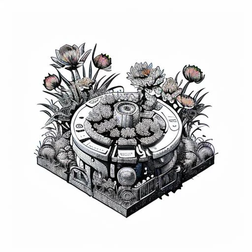 isometric, RAW photo, cutaway block, small organic machine on a table in a warm room, (grass, wires, gears, leaves, glass, flowers), black and white, 4K UHD, 8K, highly detail, centred subject, tilt shift, <lora:Lineart-v2.0:1.2>