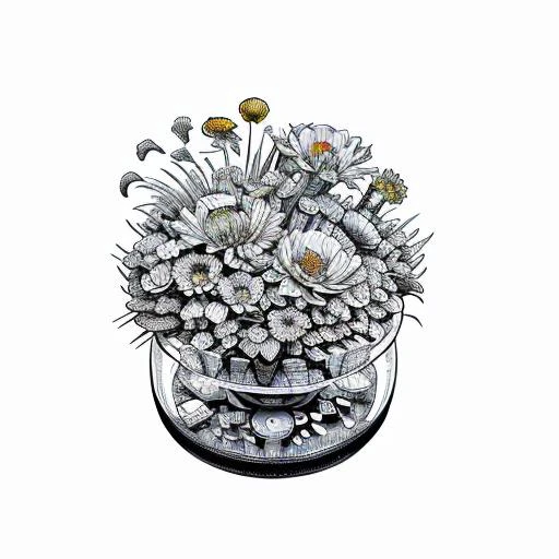 isometric, RAW photo, cutaway block, small organic machine on a table in a warm room, (grass, wires, gears, leaves, glass, flowers), black and white, 4K UHD, 8K, highly detail, centred subject, tilt shift, <lora:Lineart-v2.0:1.2>