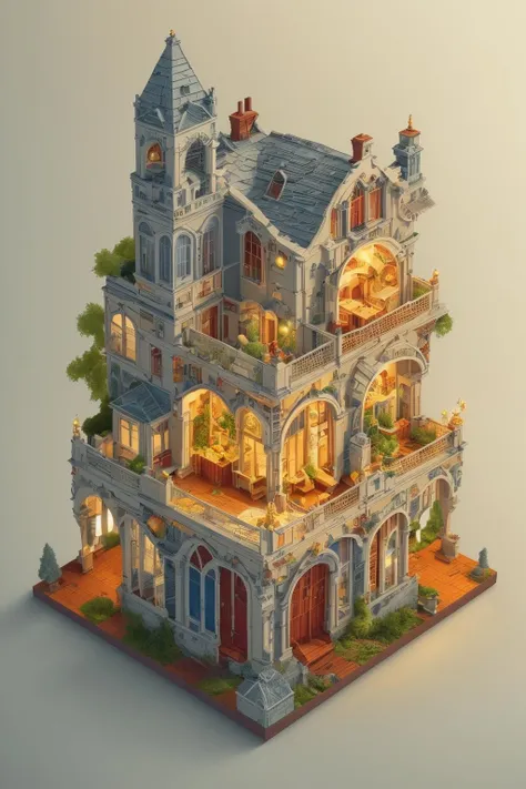 DUSKAMETRIC15, microworld isometric view vibrant colored Victorian mansion, (rain), clouds, artstation, 8k, octane render, vibrant colors, trending on deviantart, realistic