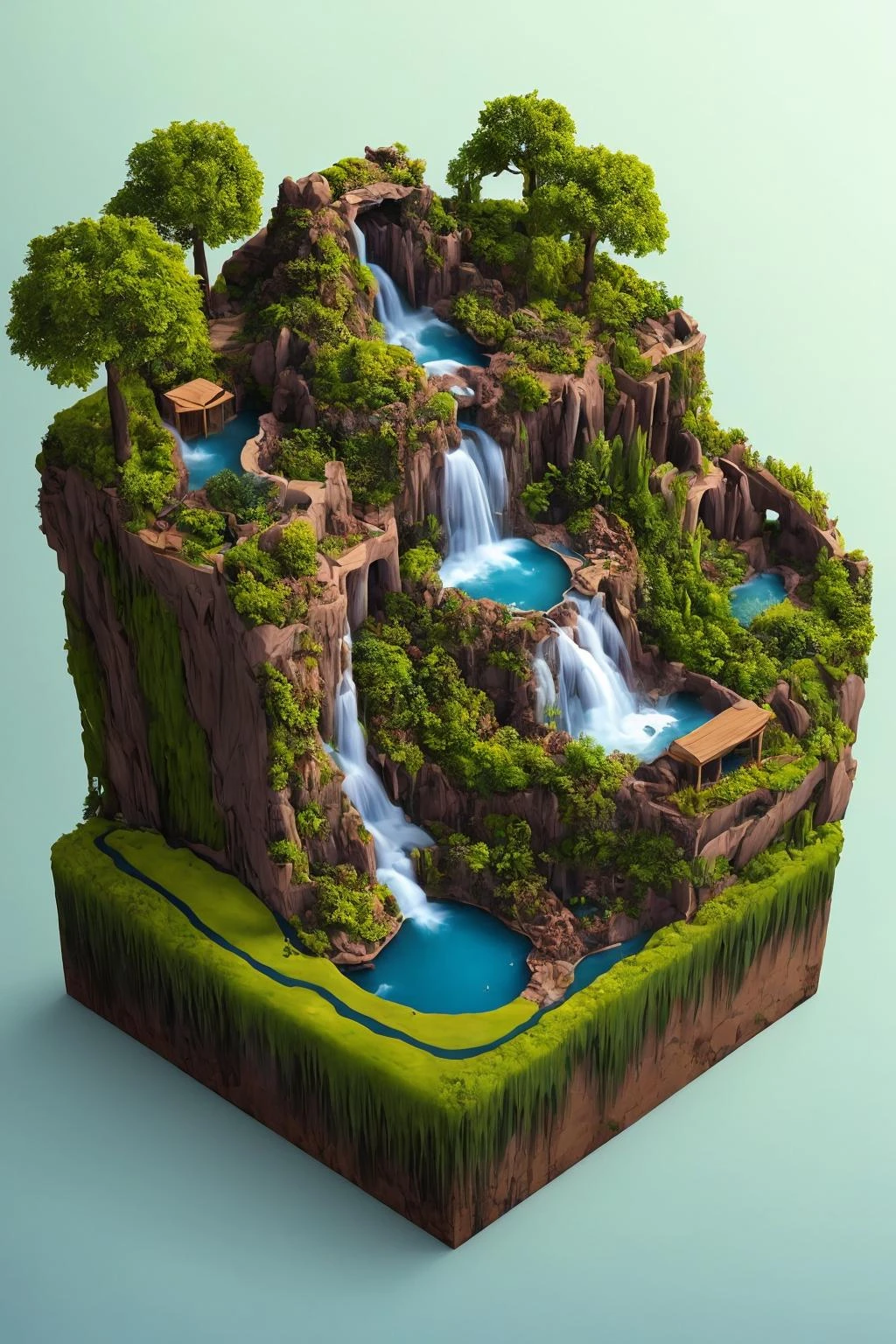 DUSKAMETRIC15, microworld isometric view of greenhouse and botanical garden with waterfalls and pond, artstation, 8k, octane render, vibrant colors, trending on deviantart, realistic