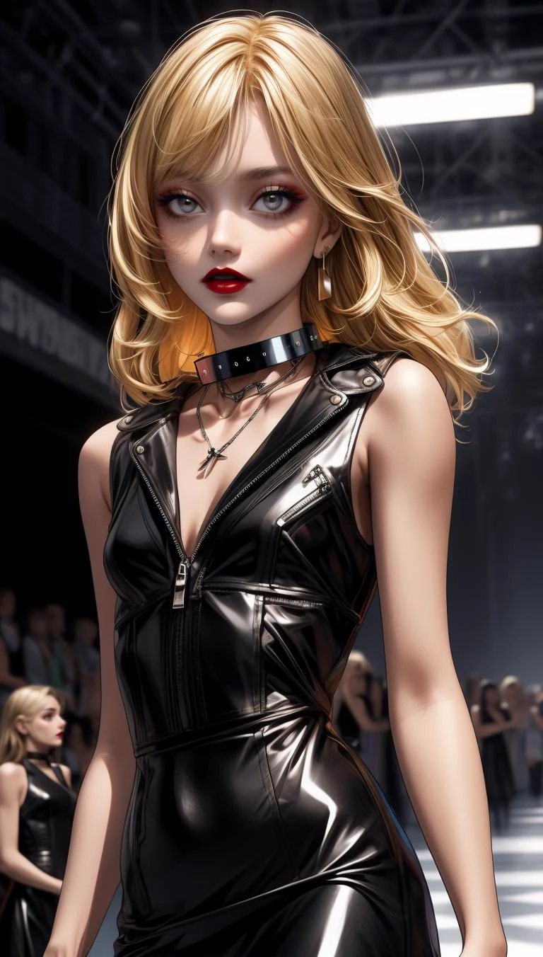 <lora:GoodHands-beta2:1> nice hands, perfect hands, <lora:add_detail:1>, ((masterpiece)), (best quality:1.7), <lora:MisaAmaneV2:0.7> misaamanev2, blonde hair, long hair, lipstick, makeup, fuller body, catwalk, (((black sleeveless and form-fitting leather dress, small collar)))