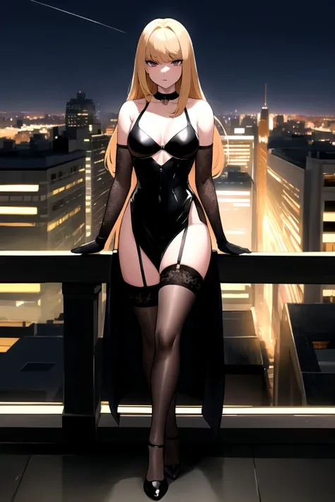 beautiful woman 19 years old, MisaAmaneV2, perfect body, small breasts, blondy, looking on her feet, black sexy dress, black elbow gloves, black stockings, standing on a scyscraper's roof, big city landscape, night photo, low light,full body shot, masterpiece, best quality, highres, 4k, ray tracing, intricate details, highly detailed, <lora:MisaAmaneV2:0.85> MisaAmaneV2