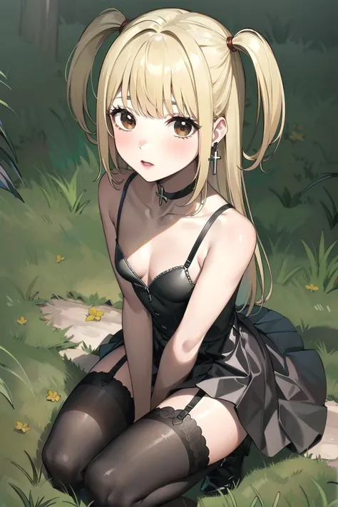 (masterpiece, 4k, best quality, highly detailed, 1girl, solo, Misa, small breasts, gothic, dress, thighhighs, garter straps, black clothes, arms at sides, full body), ((petite)), blush, outdoors, squatting, from above, long hair, jewelry, two side up, brown eyes, choker, (lipstick:0.5), cross, earrings, dress, makeup, blonde hair, cowboy shot, <lora:Misa:0.7>