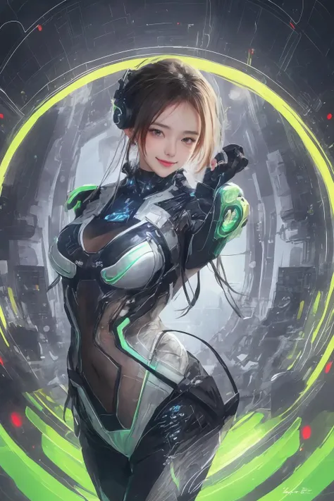 2d_artwork, UHD, best quality,  relaxed and happy, (light smile:0.5), breathtaking sci-fi background, (seductive pose:1.2), (translucent fabrics:0.5), (revealing office tech clothing:1.2),  (cybernetic body improvements:0.8),1girl, solo, 2d_artwork, Cyber brep, Cyber space,concept art,(bright and vibrant colors:1.1), 
 <lora:Cyberbrep:0.5>