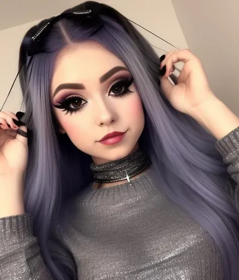 closeup of a young woman wearing a gray crop top sweater, high quality, wearing a crop top sweater, massive breasts, best quality, eyeliner2:1, large breasts, closeup, eyelashes, eyeliner, makeup, dyed hair, eyeliner2