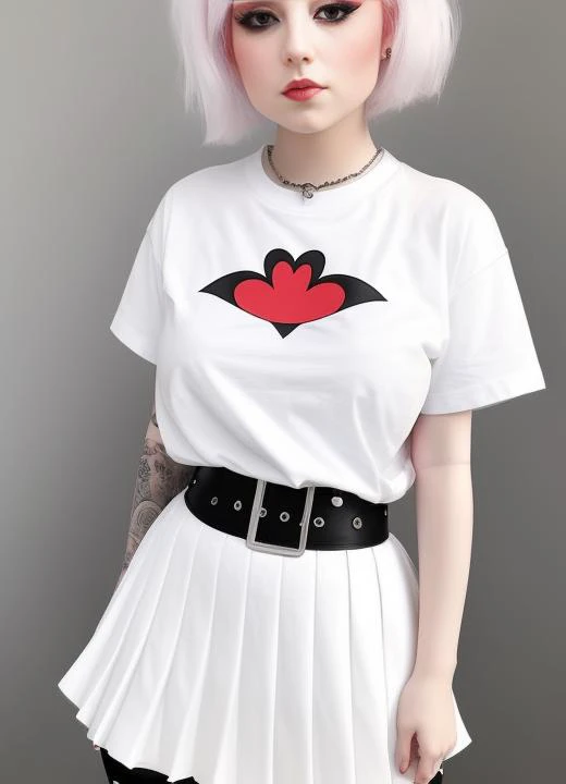 a young woman standing wearing a t shirt and a pleated skirt, (eyeliner5:1.1), widest hips, belt around waist, curvy, baggy t shirt, (massive breasts,1.3), bleached hair, big lips, baggy t shirt, face in frame, white t shirt