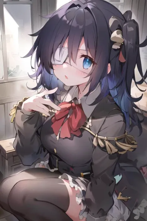 <lora:rikkaTakanashiChuunibyou_v10:1> high res, masterpiece,Rikka Takanashi, black hair, solo, 1girl,outside,deatailed background, detailed eyes, ((blue eyes)), eyepatch