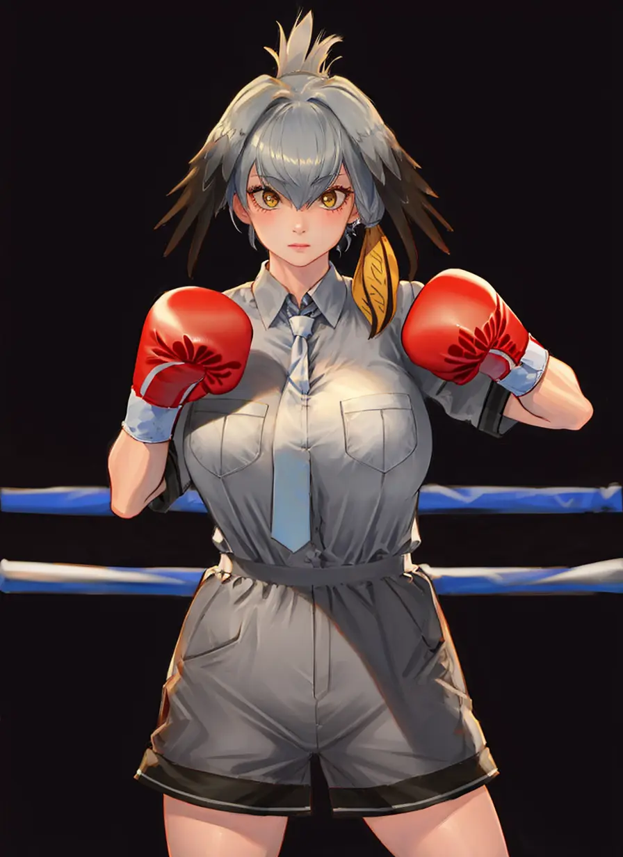 beautiful, masterpiece, best quality, realistic photo of 1girl, shoebill, huge breasts, (boxing pose:1.2),collared shirt, grey hair, grey necktie, grey pantyhose, grey shirt, grey shorts, hair between eyes, head wings, highres, kemono friends, layered sleeves, <lora:my_LoRA_ShoebillKemonoFriends_v1:0.7>
