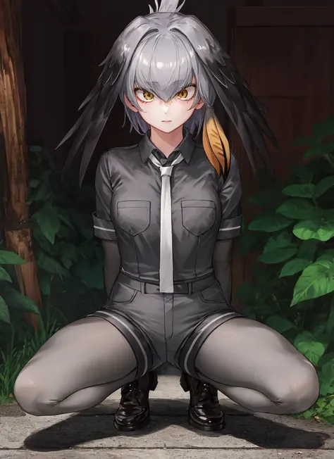 beautiful, masterpiece, best quality, realistic photo of 1girl, shoebill, squatting, spread legs, collared shirt, grey hair, grey necktie, grey pantyhose, grey shirt, grey shorts, hair between eyes, head wings, highres, kemono friends, layered sleeves,  <lora:my_LoRA_ShoebillKemonoFriends_v1:0.7>