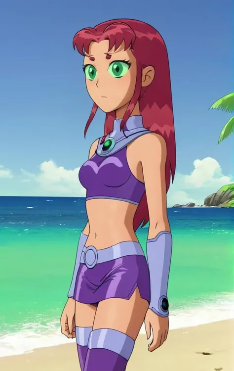ohxw, star12, red hair, green eyes, purple outfit, full body, blushing, walking up from a beach, <lora:1star-000004:0.9> 4k, highly detailed, lighting, outside, cartoon, 2d, sharp,