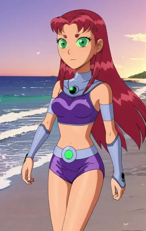 ohxw, star12, red hair, green eyes, purple outfit, full body, blushing, walking up from a beach, <lora:1star-000004:0.9> 4k, highly detailed, lighting, outside, cartoon, 2d, sharp,