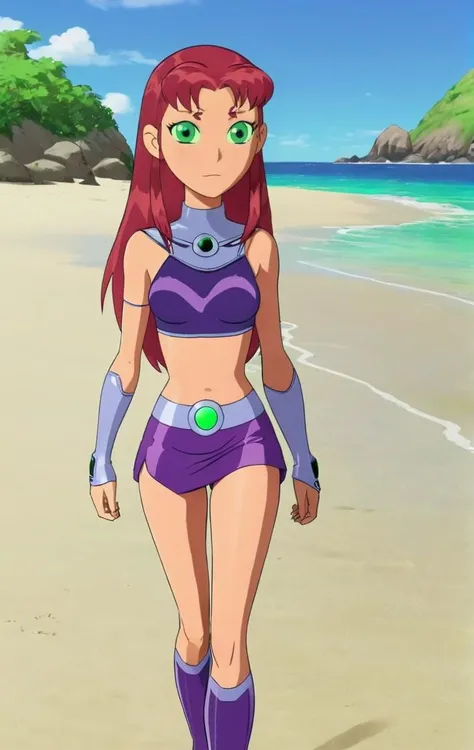 ohxw, star12, red hair, green eyes, purple outfit, full body, blushing, walking up from a beach, <lora:1star-000004:0.9> 4k, highly detailed, lighting, outside, cartoon, 2d, sharp,