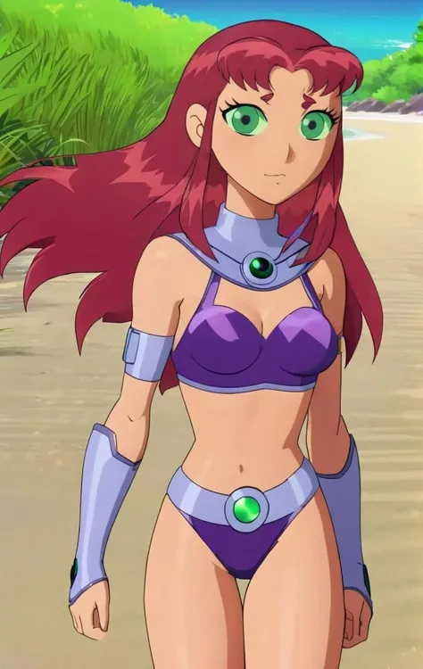 ohxw, star12, red hair, green eyes, purple outfit, full body, blushing, walking up from a beach, <lora:1star-000004:0.9> 4k, highly detailed, lighting, outside, cartoon, 2d, sharp,