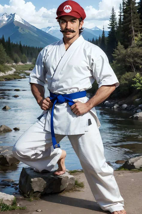 supermario, male, red hat, mustache, blue eyes, wearing a karate uniform,red karate belt,looking at viewer, serious, smiling,
outside, mountains, river, rock, kneeling, on knees, hands on hips, fists, extreme detail, hdr, realistic quality, analog, <lora:karate_uniform:.5> <lora:SuperMario:.8>
