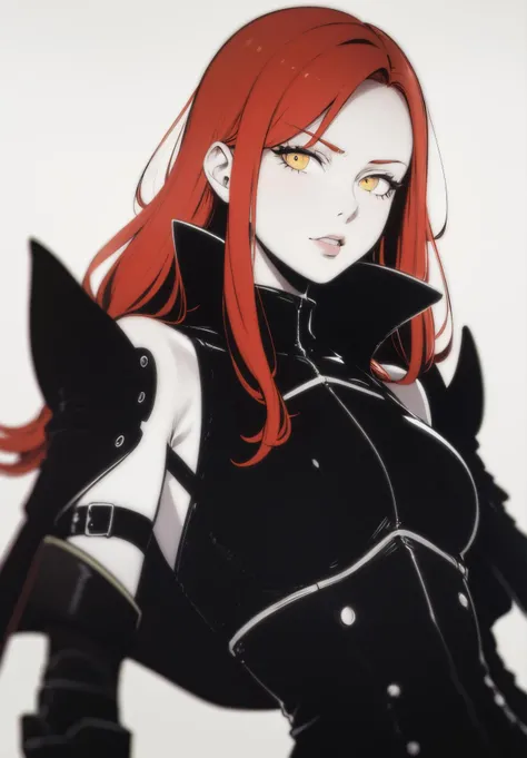 1girl, solo, large , lips, BREAK
yellow eyes, red hair, shoulder armor, monochrome, (looking at viewer)
absurdres, hdr, 4k, best quality, masterpiece, (white background, simple background)
anime, flat color, ligne claire, [retro anime, 1990s \(style\),]