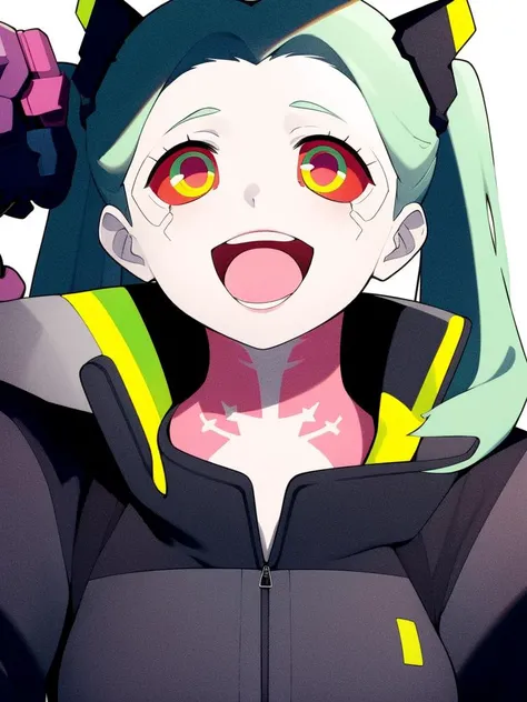 cyberpunk, rebecca, open_mouth, solo, pink neck tattoo, eye, smile, black jacket, close-up, face, 1girl ,    <lora:Rebecca2-000020:0.7>